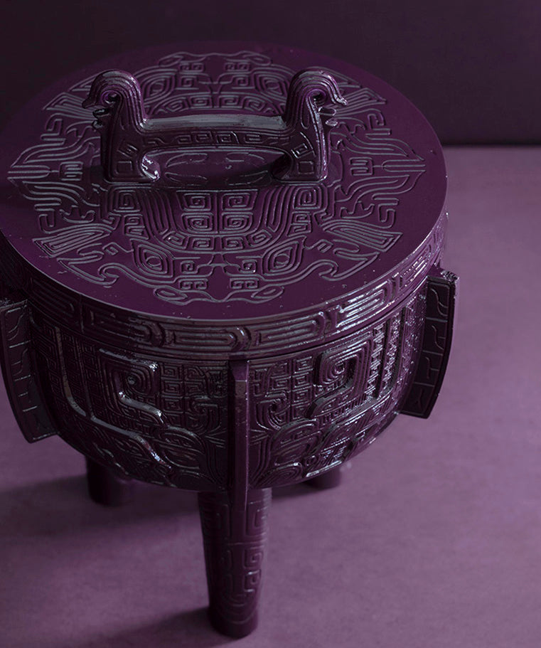 BRUTALIST VESSEL | 1970s brutalist ceramic vase coated in a custom high gloss urethane-based paint on purple background.