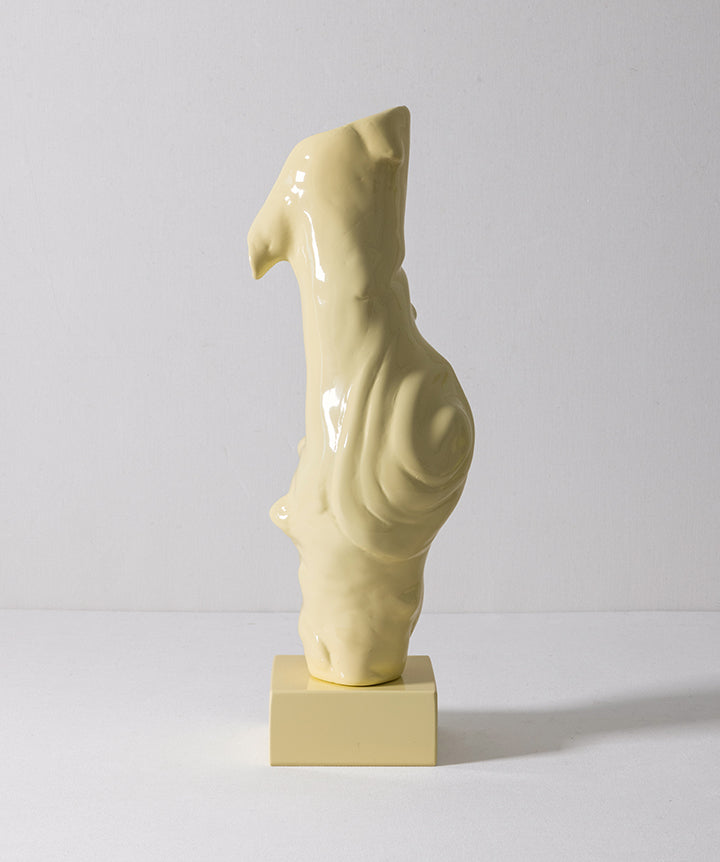 This hand carved wood object reads like a ballet slipper. Base was leveled and smoothed to allow the paint to drip organically. Object is elevated on a solid marble base to add height and remains unattached to allow the composition to shift with a simple rotation.