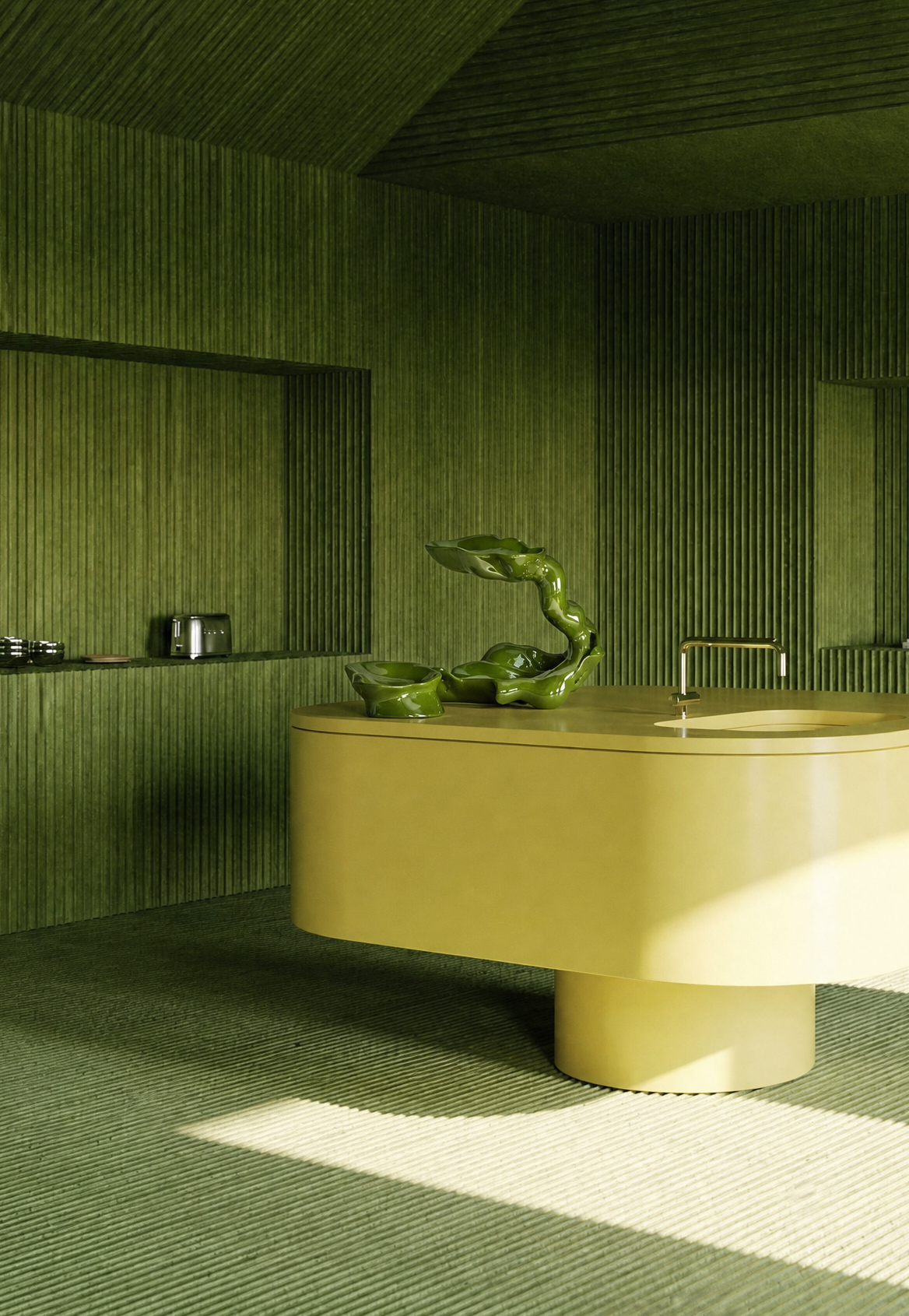 A modern bathroom interior with ribbed olive-green walls and floor, featuring a pale yellow freestanding sink unit with a multi-level wooden piece.