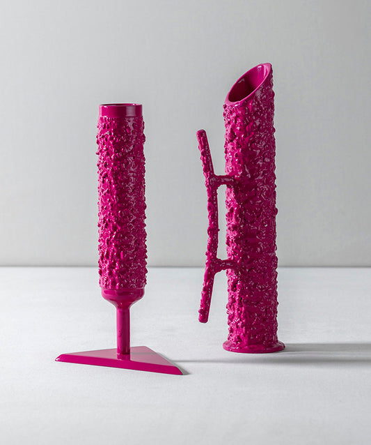 Liquid Iron Vases | Pair of cast iron and chrome brutalist vases coated in a custom high gloss urethane-based paint.
