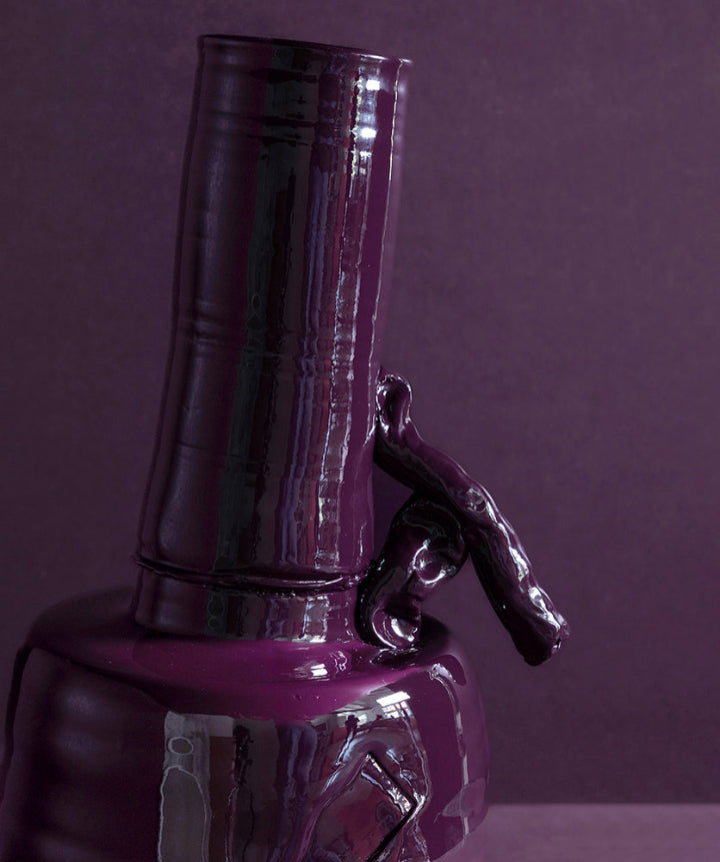 BRUTALIST VESSEL | 1970s brutalist ceramic vase coated in a custom high gloss urethane-based paint on purple background. 